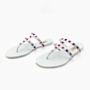 VALENTINO Pink Purple Rockstud Slide Sandal Size 37 Flat Caged Strap Rubber PVC